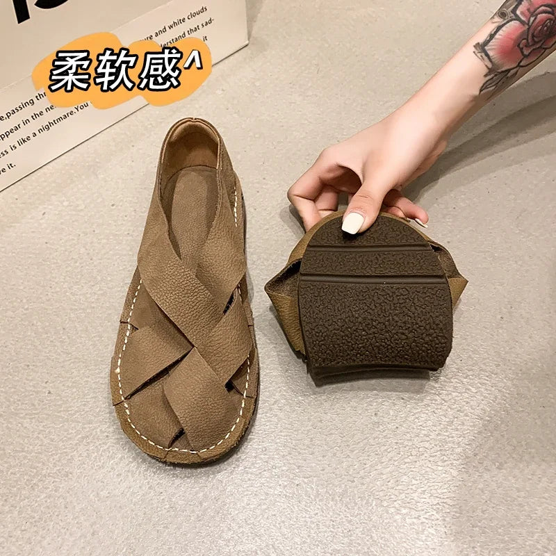 2024 Leather Women's Sandals Top Layer Cowhide Handmade Woven Women Casual Flats The Retro Art Mori Girl Shoes