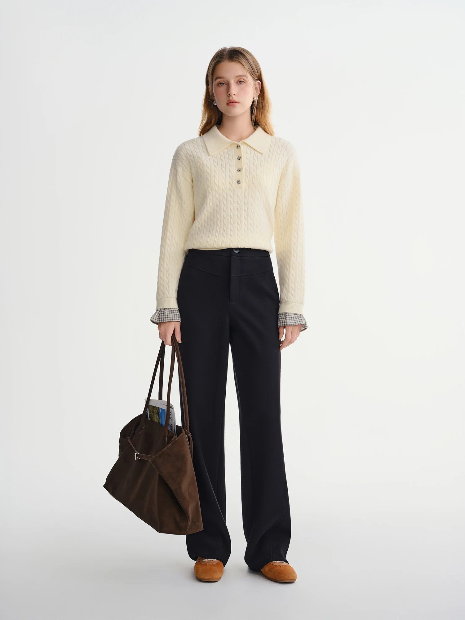 Straight High Waist Slim Fit Casual Pants Women Wool Warm Winter Leisure Basics All-match Simple Commuting