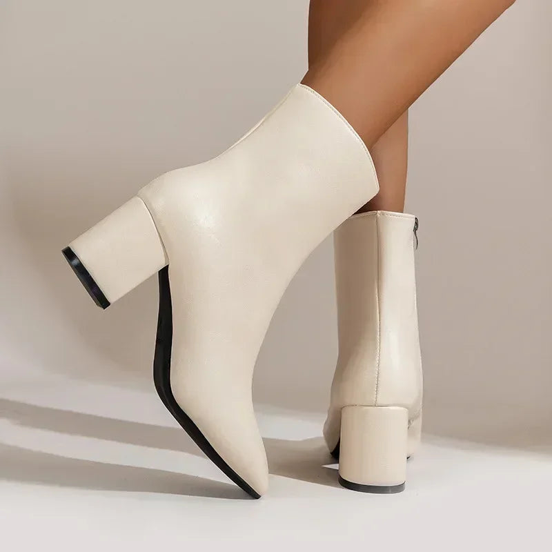 White Ankle Boots for Women Side Zipper Stretch Middle Heel Large Size Short Boot Fashion Pointed Shoes Botas De Mujer 2024