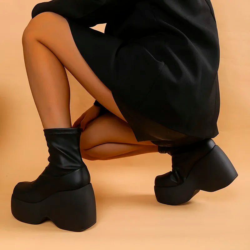 Brand New Design Women's Mid Calf Boots Platform Wedges High Heels Gothic Punk Shoes Autumn Ladies Fashion Plus Size Long Boots