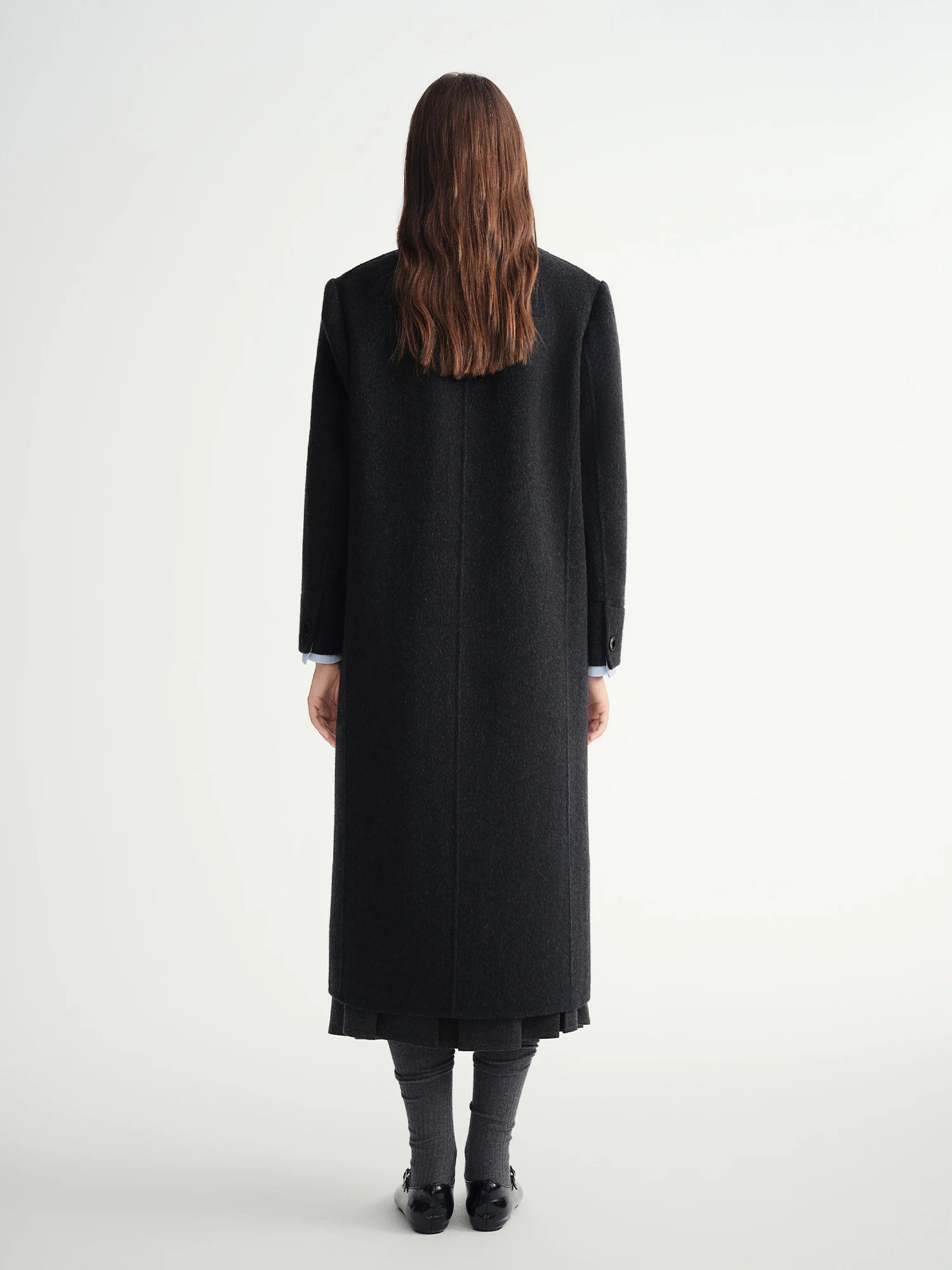 Temperament Turn Down Collar Long Woolen Coat Straight Shoulder Pure Wool Coat European Style Commuting Elegant