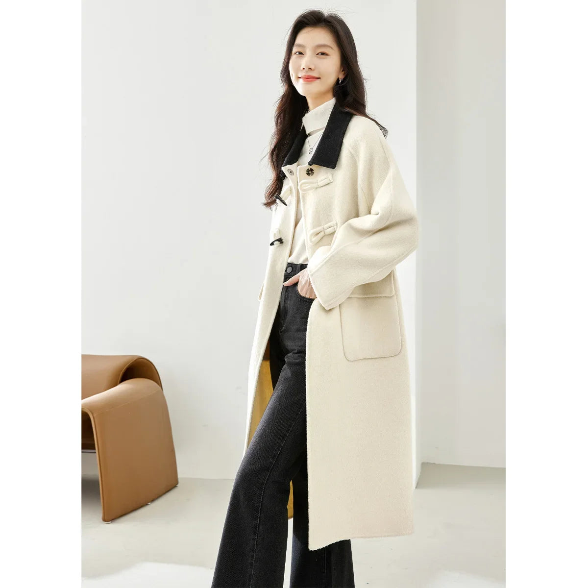 VIMLY Women's Office Lady Woolen Coat Winter Long Straight Overcoat Contrast Color Lapel Coats Female Simple Casual Outerwear