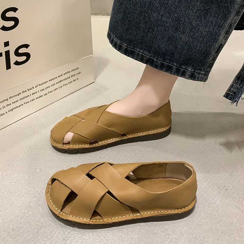 2024 Leather Women's Sandals Top Layer Cowhide Handmade Woven Women Casual Flats The Retro Art Mori Girl Shoes