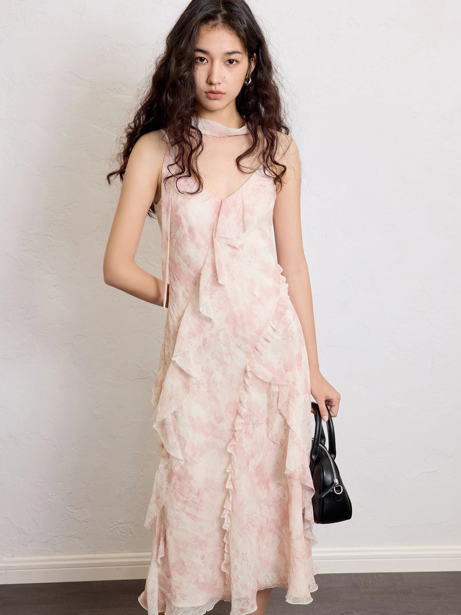 ZIQIAO【2 Vesions】Women Chiffon Strappy Long Dress 2025 Summer New Fly Sleeve Polyester Floral Dresses