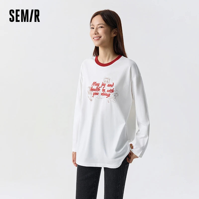 Semir Long Sleeve T-Shirt Women Loose Contrast Color 2024 New Spring New Year Red Innerwear Pure Cotton Top