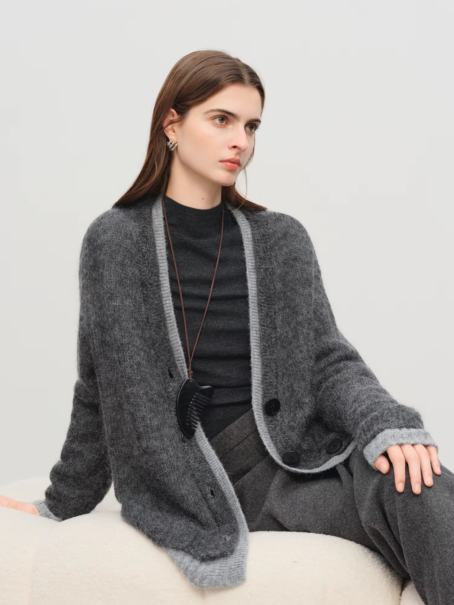 【Premium Series】Autumn Winter Women Mohair Wool Blend Knit Cardigan Color Block V Neck Chic Open Front Sweater Coat Casual
