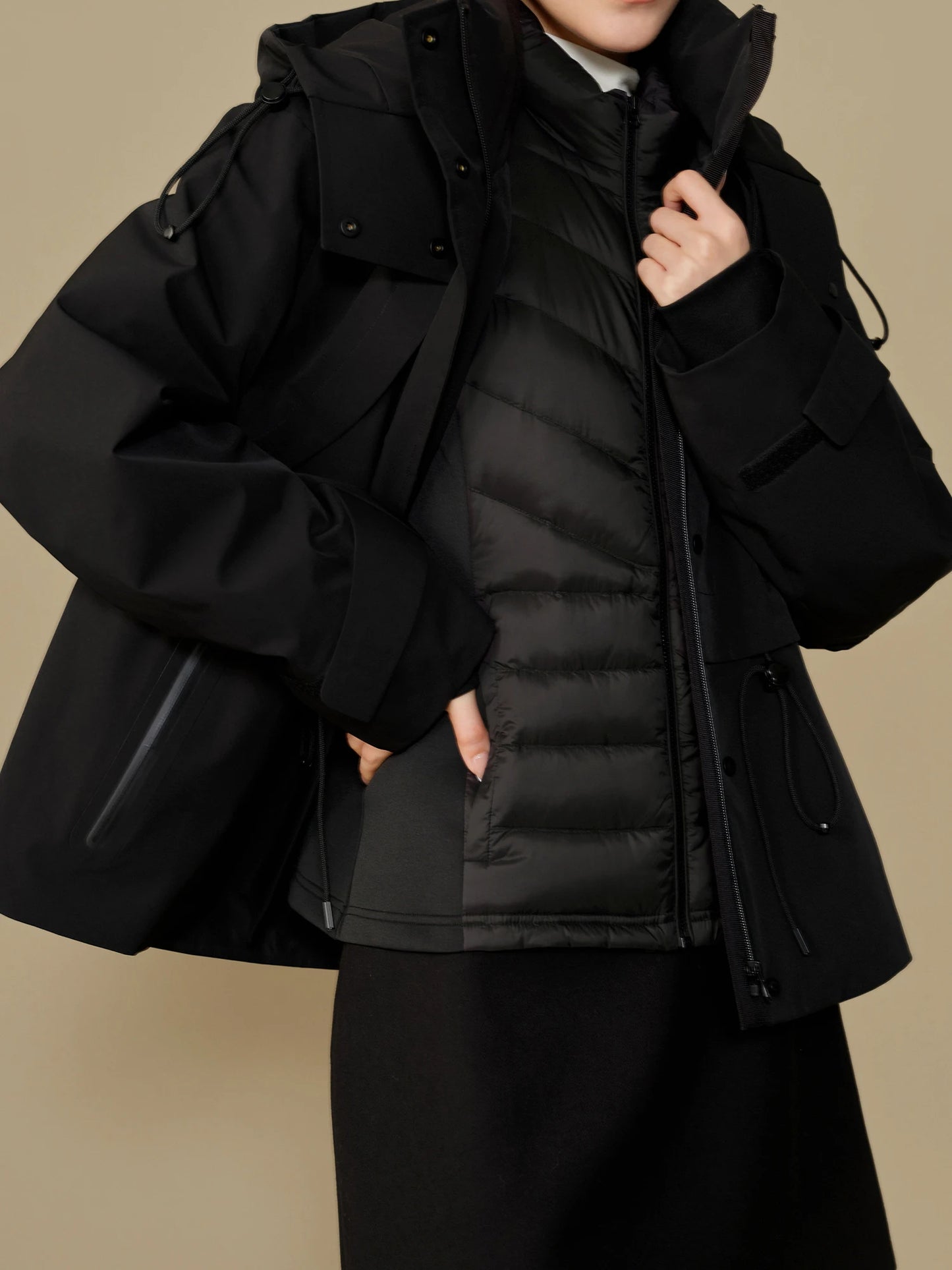 DUSHU 51.8G Filling Amount Female Black Lightweight Short Down Coat+Hooded Thick Khaki Two Piece Sets Outwear Coats 24DS84198