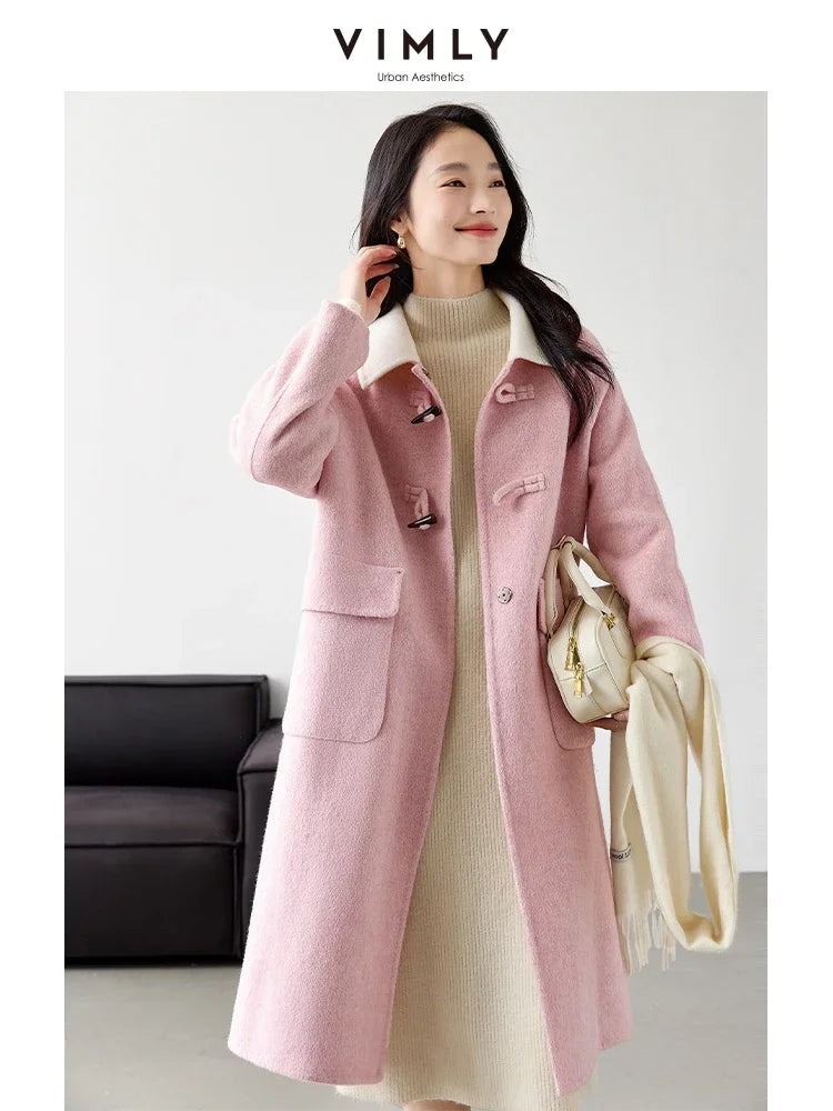VIMLY Women's Office Lady Woolen Coat Winter Long Straight Overcoat Contrast Color Lapel Coats Female Simple Casual Outerwear