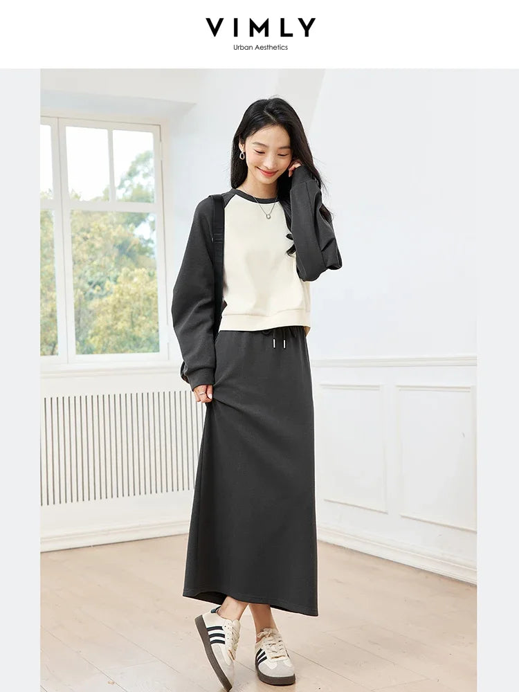 VIMLY Women's Simple Commuter Sweatshirt Top Straight Skirt with Back Split SkirtSuit Autumn Fashion Colors Blocking CasualSuit