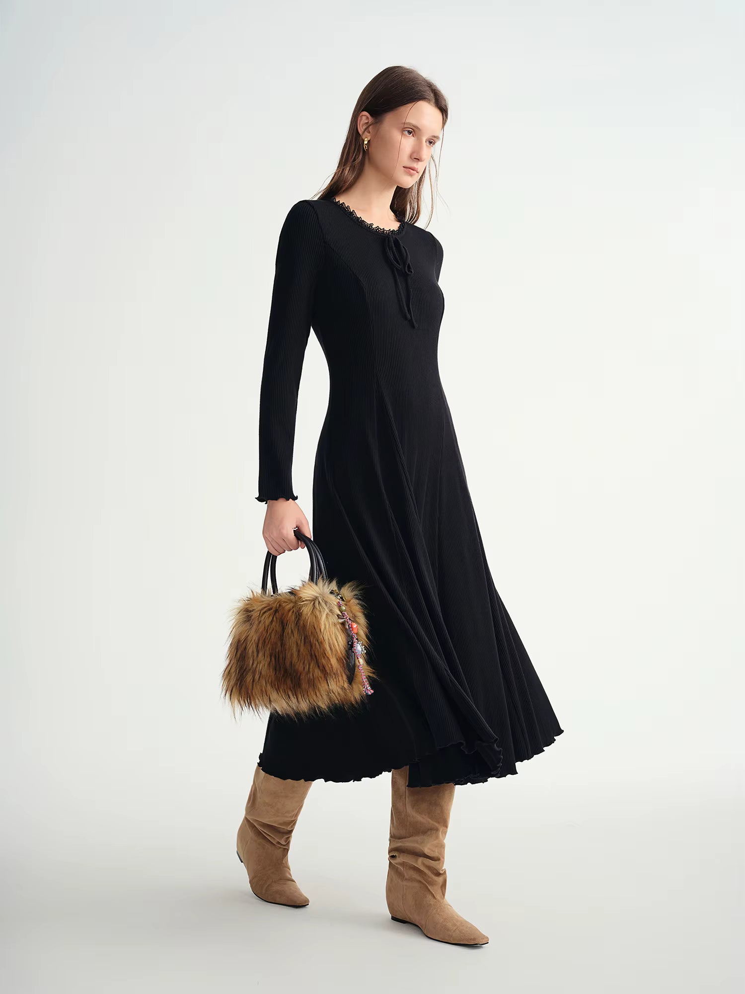 Women's Round Neck Lace Panel Slim Fit Maxi Dress - Elegant Bodycon Long Dress Versatile Layering Staple for Daily Wear