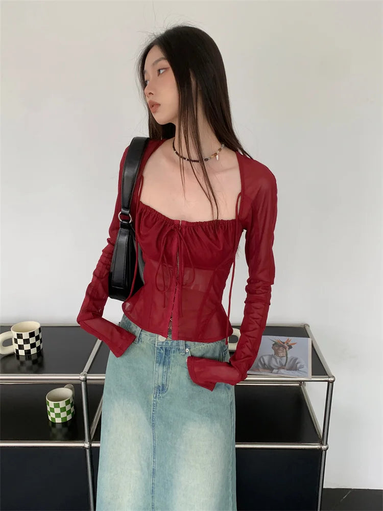 Yedinas Streetwear Burgundy Mesh Tops Long Sleeve Lace Up Square Collar T Shirt Women Crop Top Spring Summer 2023 Y2k Chic Tops