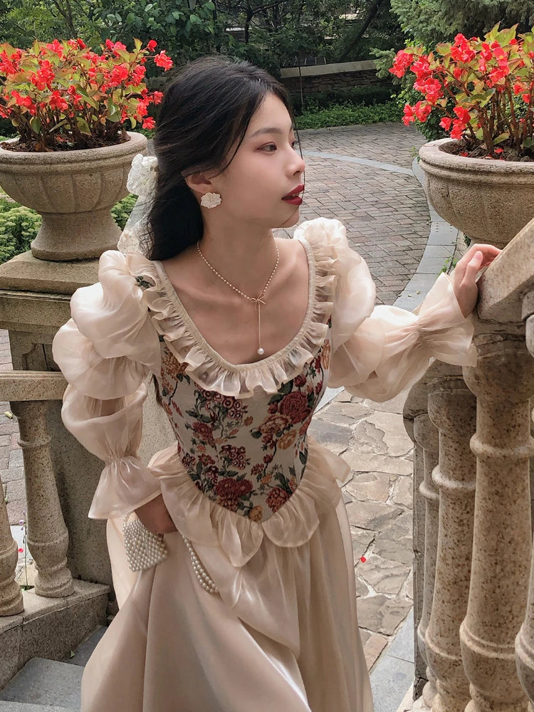 Vintage Elegant Print Floral Puff Sleeve Midi Dress