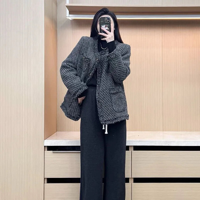 Lucyever Temperament Tweed Black Jacket Women Elegant Thicken Single Breasted Outerwear Ladies Korean with Pocket Office Coat