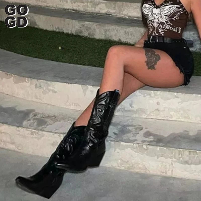 GOGD Cowboy Pink Cowgirl Boots For Women 2022Fashion Zip Embroidered Pointed Toe Chunky Heel Mid Calf Western Boots Shinny Shoes