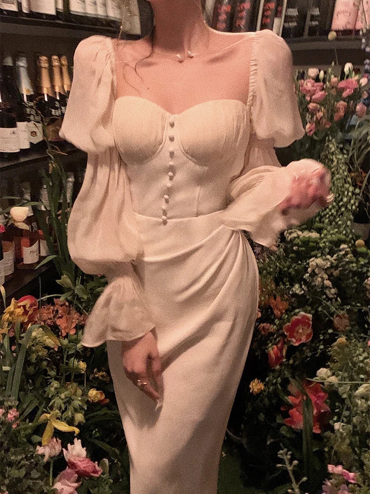 Vintage Women Fashion Elegant Puff Sleeve Midi Corset Maxi Dress
