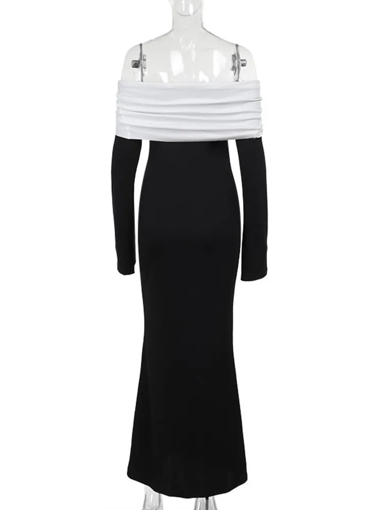 Mozision Off-shoulder Long Sleeve Sexy Maxi Dress For Women Autumn Winter New Patchwork Backless High Waist Sexy Club Long Dress