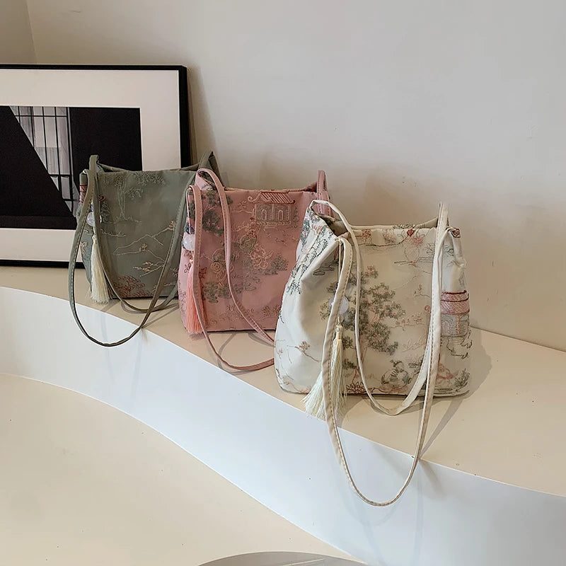 New Chinese Style Retro Bag2024 New Models Silk Jacquard Fashionable Minimalist Bag Single Shoulder Diagonal Cross Women's Bag