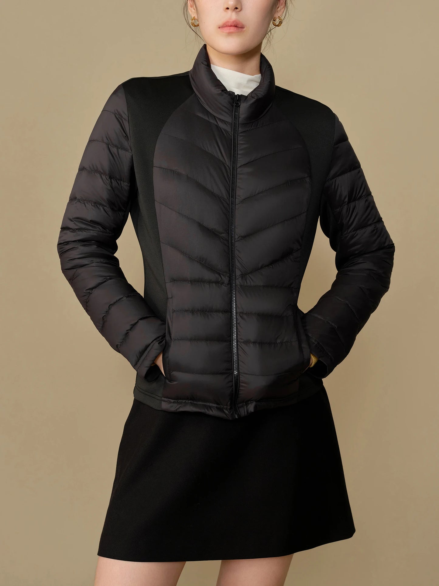 DUSHU 51.8G Filling Amount Female Black Lightweight Short Down Coat+Hooded Thick Khaki Two Piece Sets Outwear Coats 24DS84198