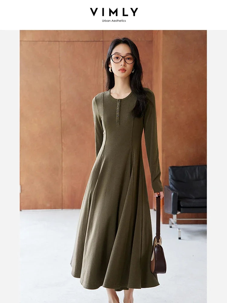 VIMLY Women's Simple Elegant Dress Autumn Semi Open Neck Waisted Pullover Knit Long Dress Casual Office Lady Versatile Dress