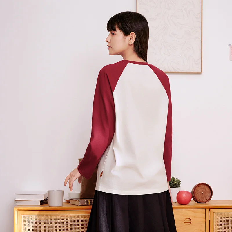 Semir Long Sleeve T-Shirt Women Loose Contrast Color 2024 New Spring New Year Red Innerwear Pure Cotton Top