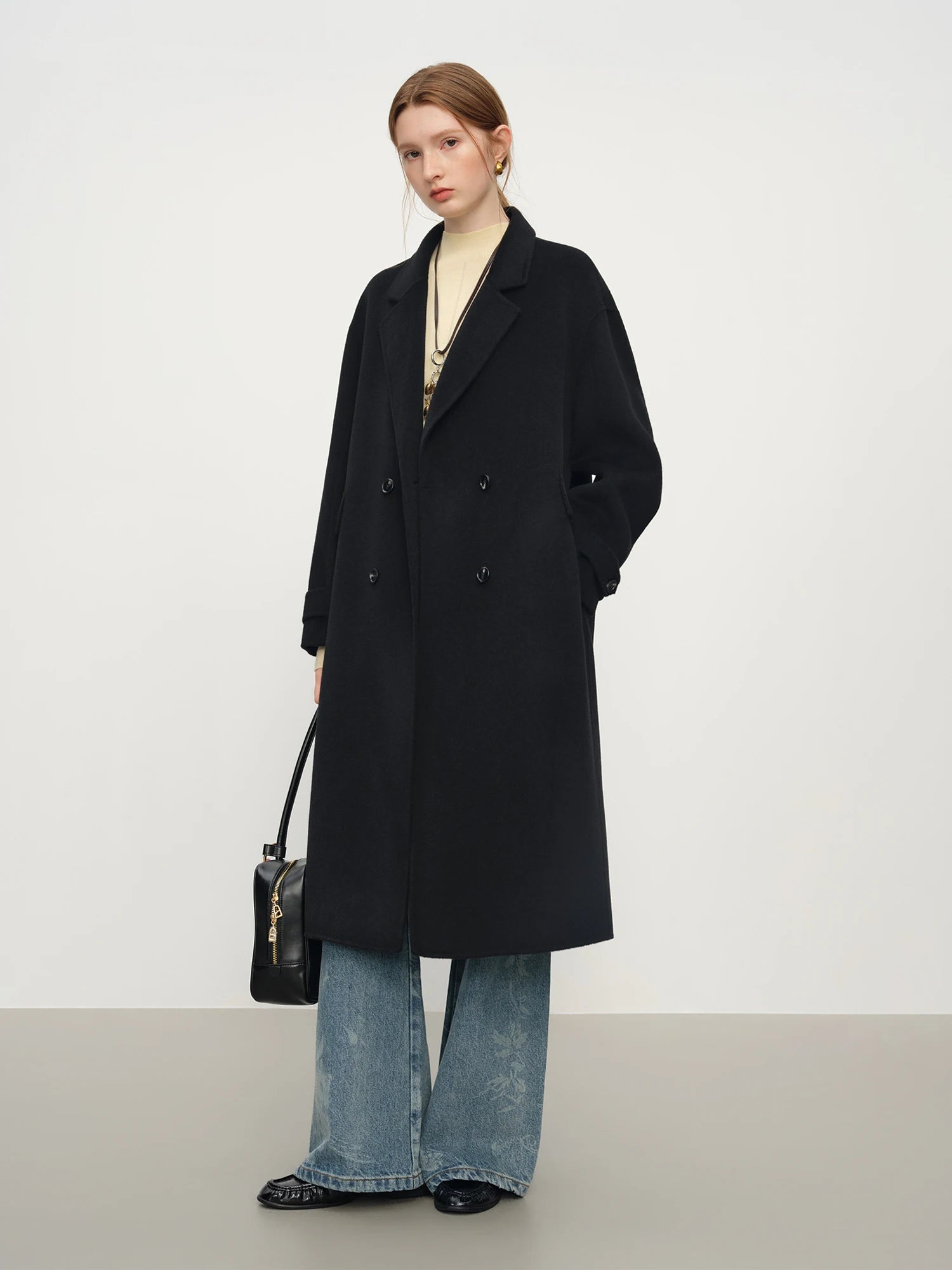 Women's Pure Wool Double Breasted Coat - Classic Mid-Length Winter Trench Warm Elegant Overcoat