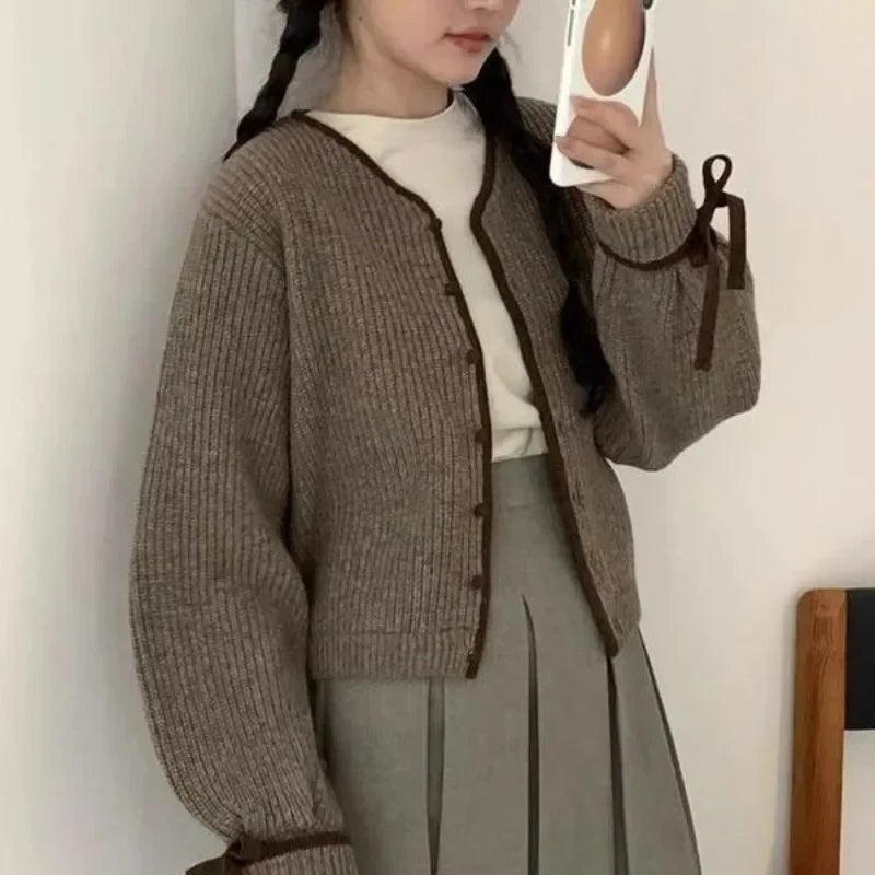 Deeptown Korean Style Gray Knitted Cardigans Youthful Woman Vintage Casual Cozy Sweaters Harajuku Aesthetic Outerwears Autumn