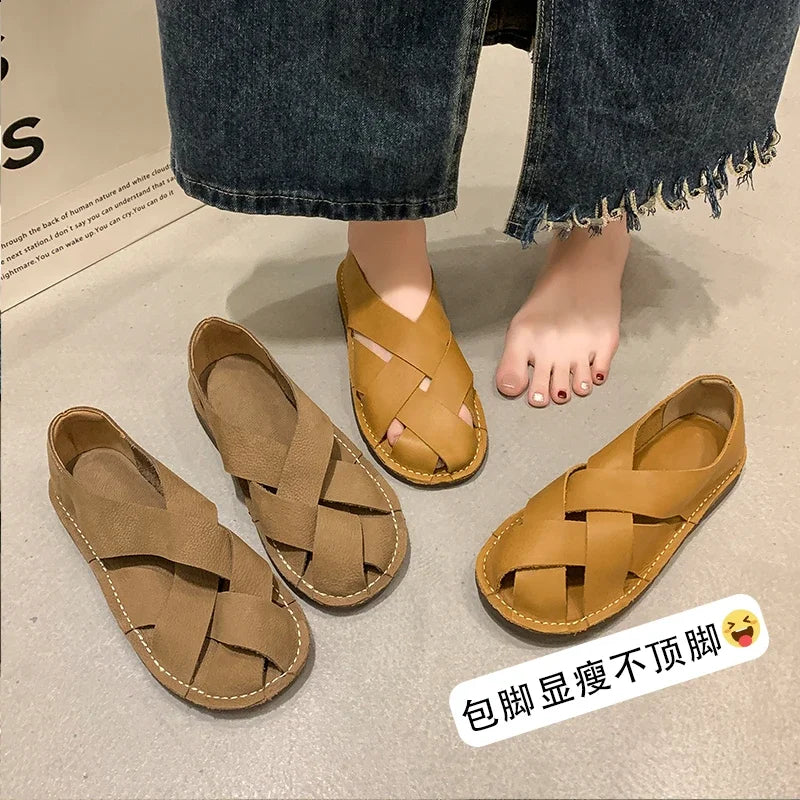 2024 Leather Women's Sandals Top Layer Cowhide Handmade Woven Women Casual Flats The Retro Art Mori Girl Shoes