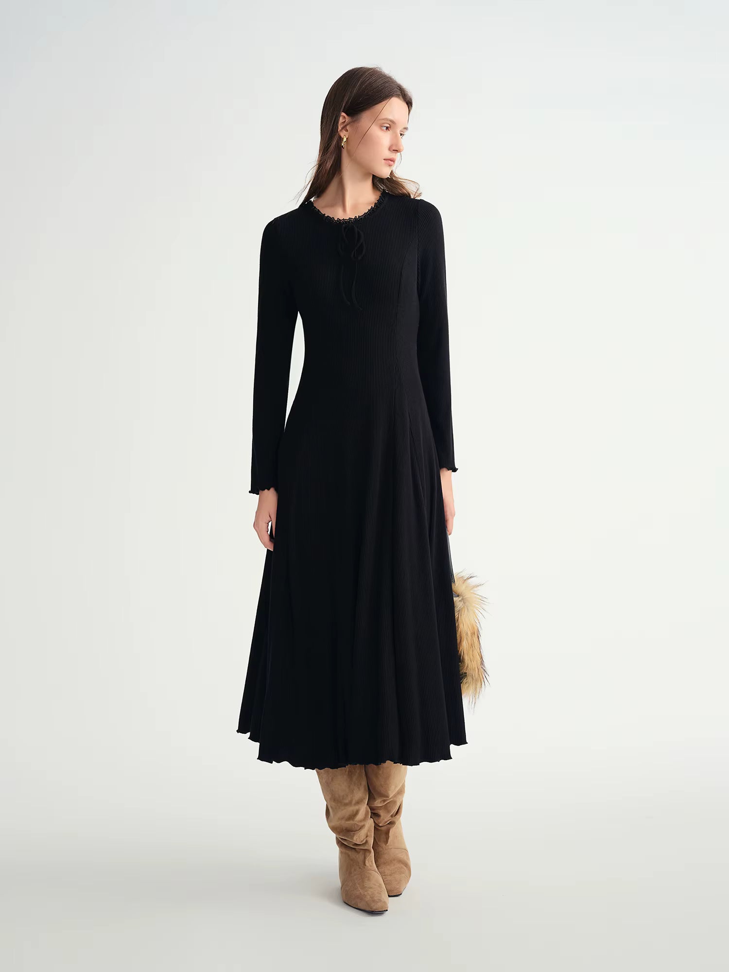 Women's Round Neck Lace Panel Slim Fit Maxi Dress - Elegant Bodycon Long Dress Versatile Layering Staple for Daily Wear