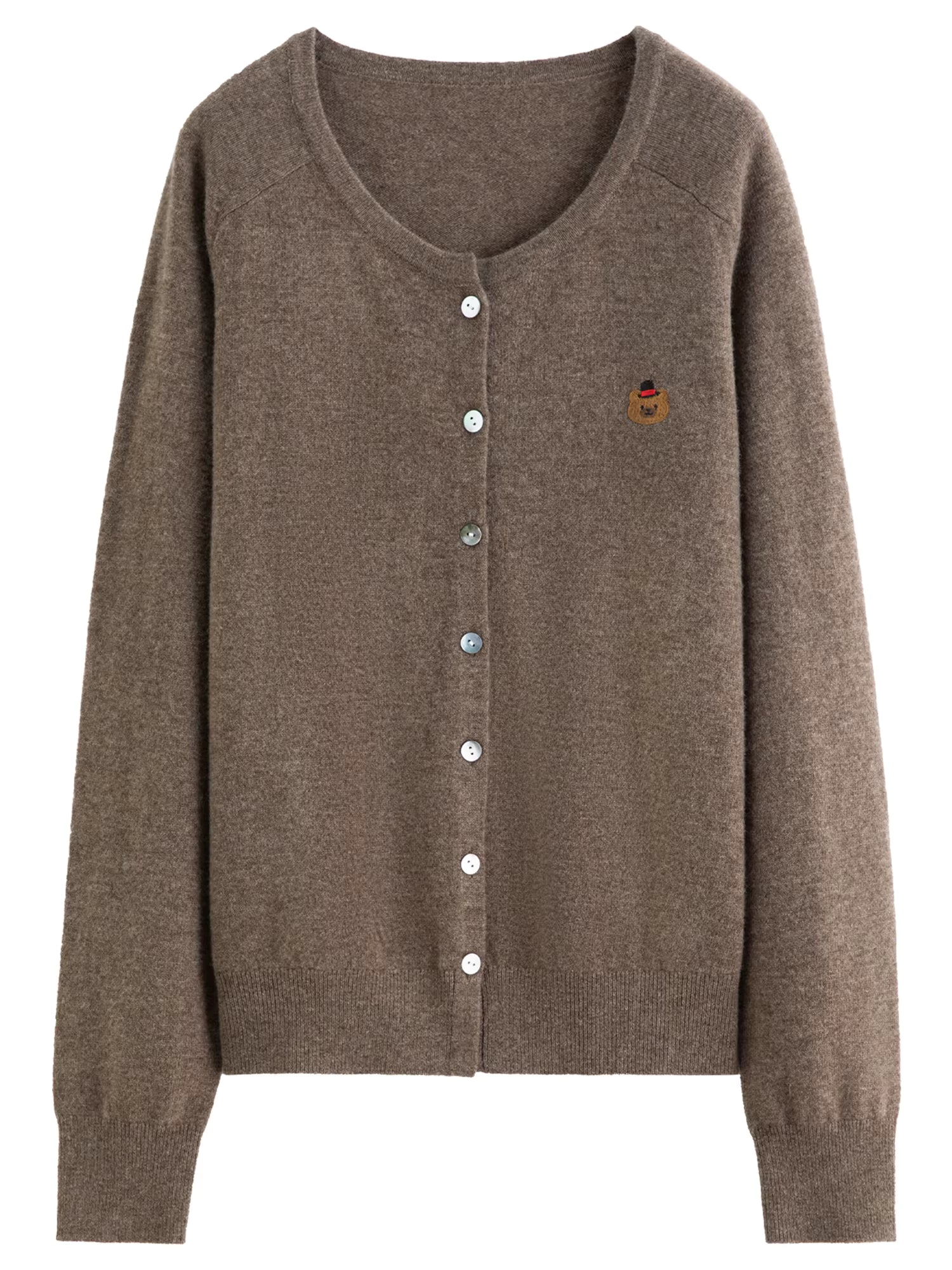 Cute Animal Pattern Embroidery Round Neck 100% Wool Slightly Oversized Knit Cardigan Long Sleeve Top