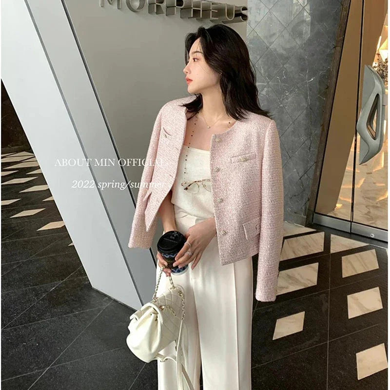 Small Fragrance Runway Fall Winter French Tweed Wool Sweet Pink Jackets Coat Women's Chic High End Female Outerwear Suit