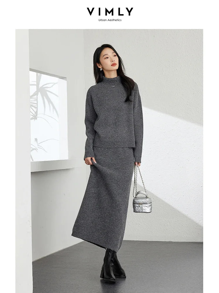 VIMLY Office Lady Knitted Set for Women's Autumn Winter Casual Pullover Knitted Sweater Top Skirt Sets Simple Thick Warm Sets
