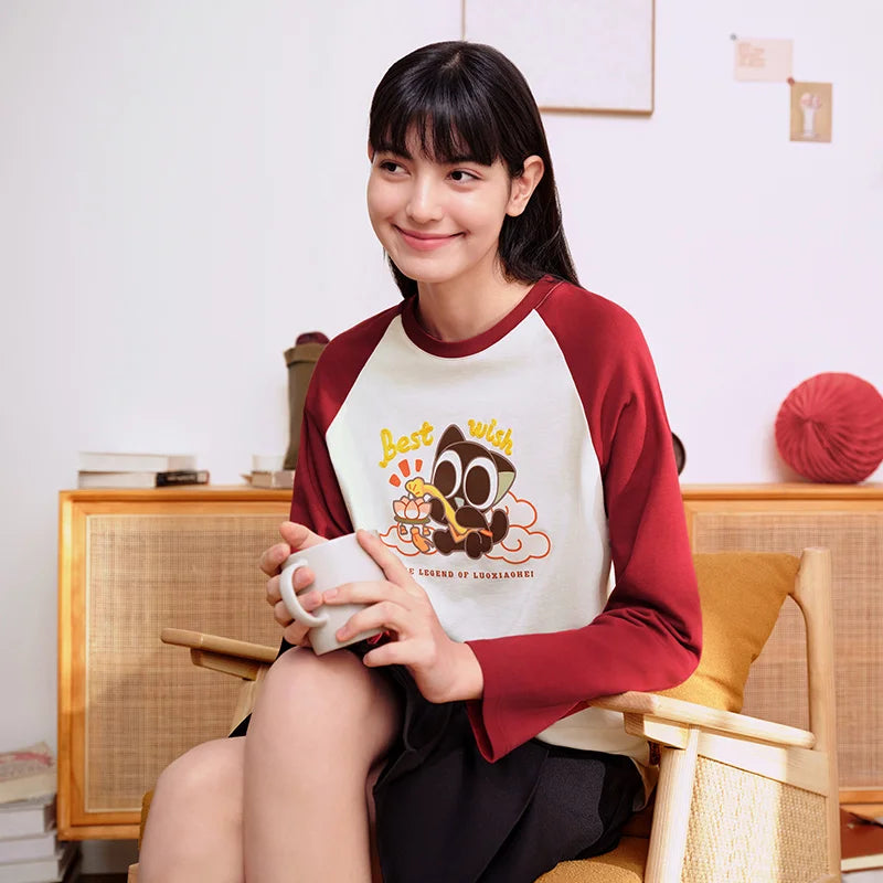 Semir Long Sleeve T-Shirt Women Loose Contrast Color 2024 New Spring New Year Red Innerwear Pure Cotton Top