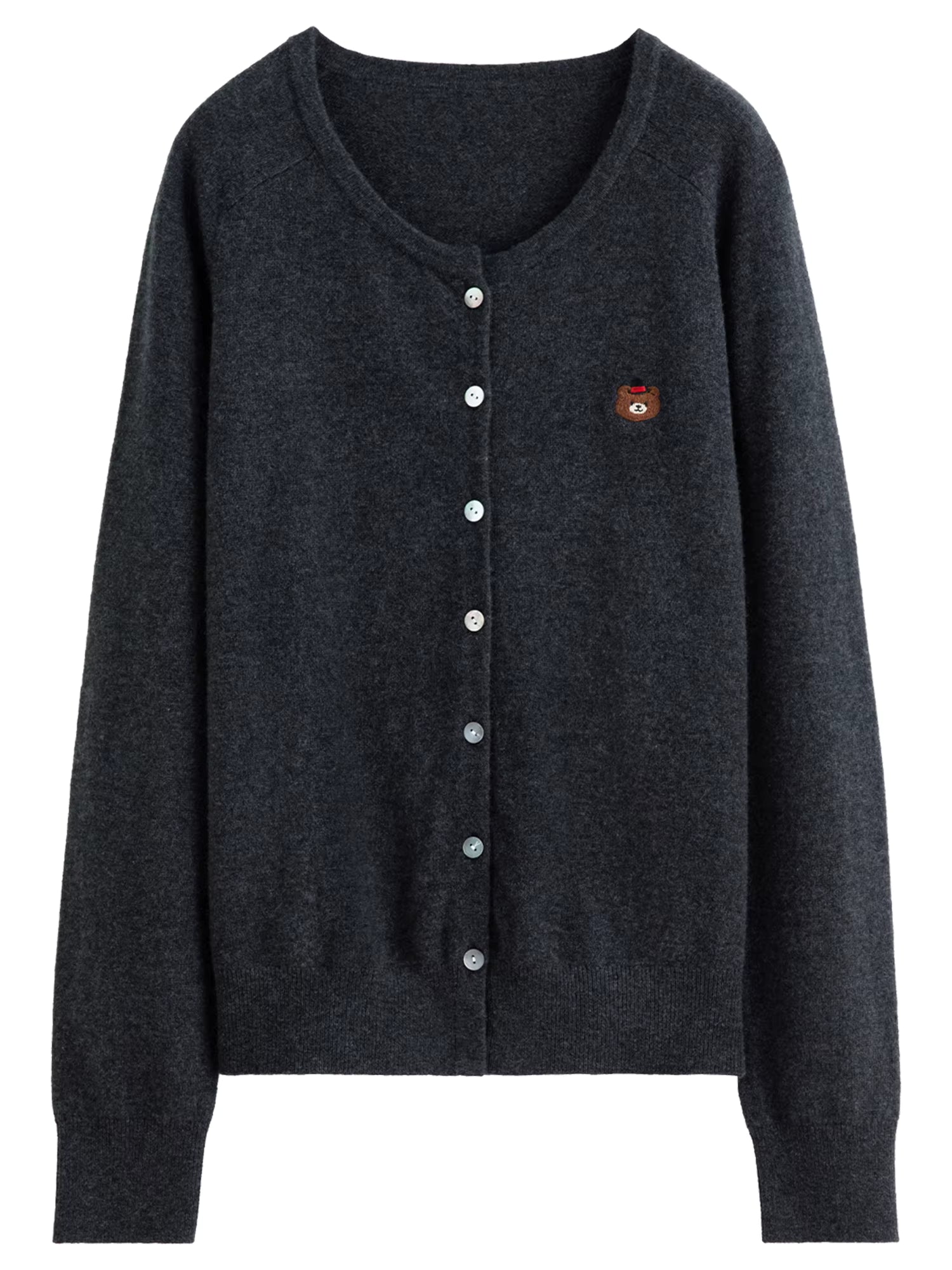 Cute Animal Pattern Embroidery Round Neck 100% Wool Slightly Oversized Knit Cardigan Long Sleeve Top