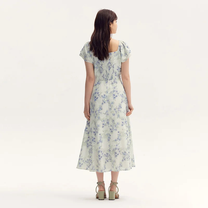 Semir Dress Women Square Neckline Ruffled Trim And Short Flutter Sleeve 2024 Summer New Fresh And Delicate Chiffon Floral Dress