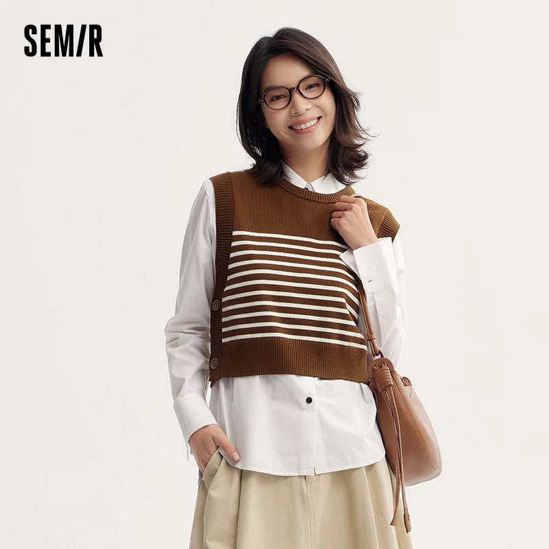 Semir Sweater Women Striped Vest Solid Color Shirt 2024 Autumn New Loose Two-Piece Pullover Sweater