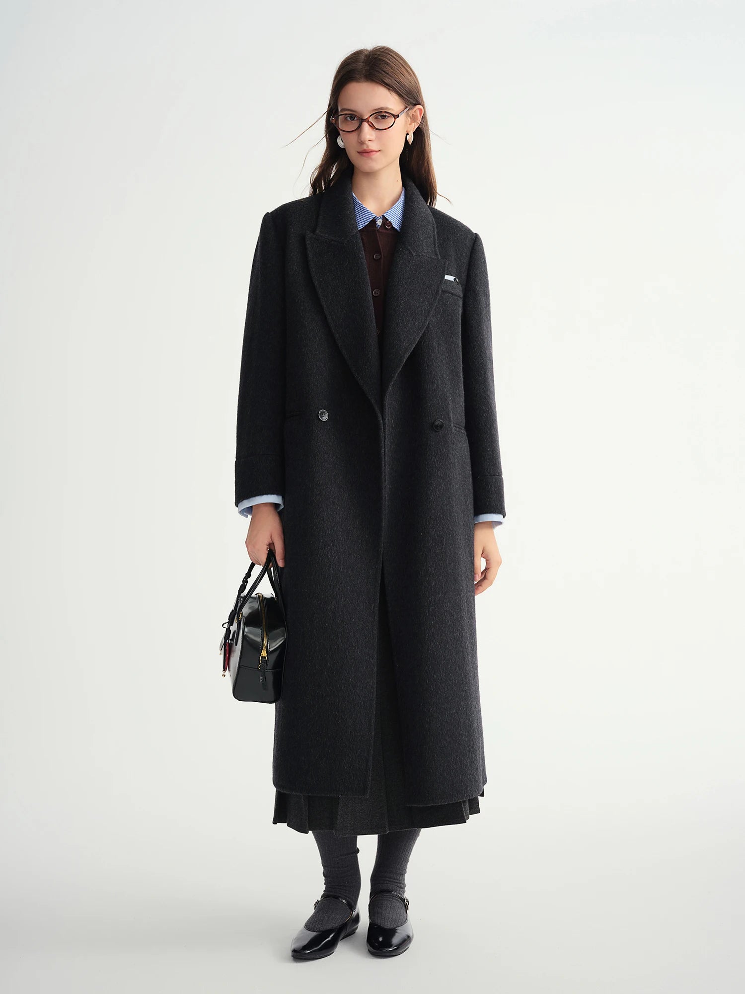 Temperament Turn Down Collar Long Woolen Coat Straight Shoulder Pure Wool Coat European Style Commuting Elegant