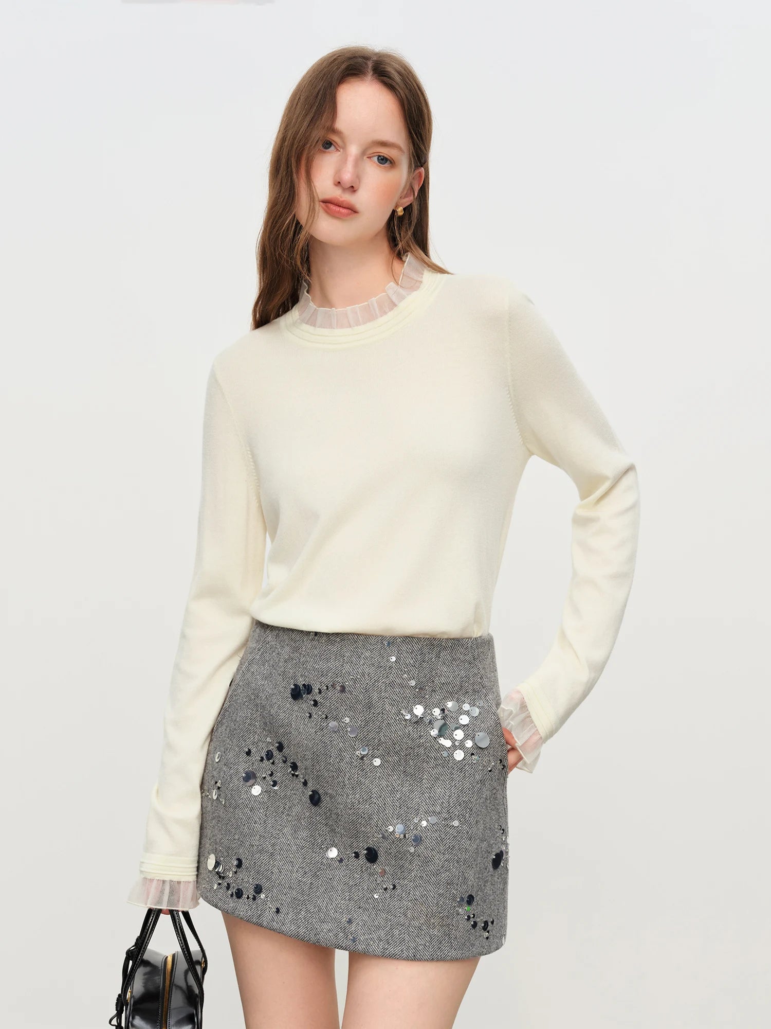 2025 Women's Mock Neck Knit Top - Ruffle Trim Detail Layering Staple Autumn Winter Base Layer with Soft Stretch Fit