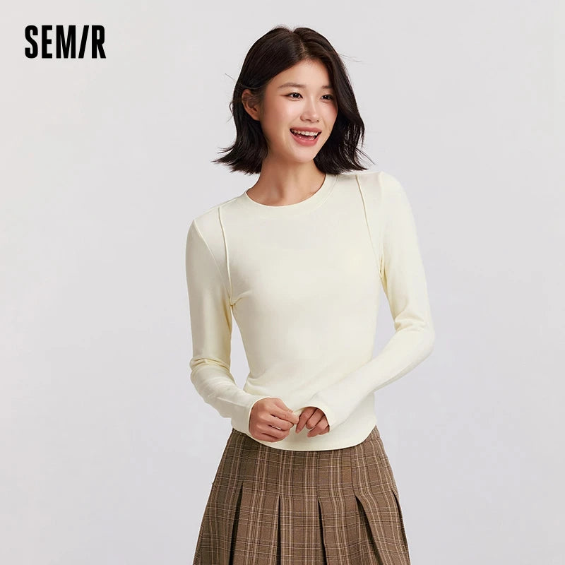 Semir Long Sleeve T-Shirt Women Round Neck Tight Subtle Design 2024 New Winter Moisture-Wicking Frayed Long Sleeve T-Shirt