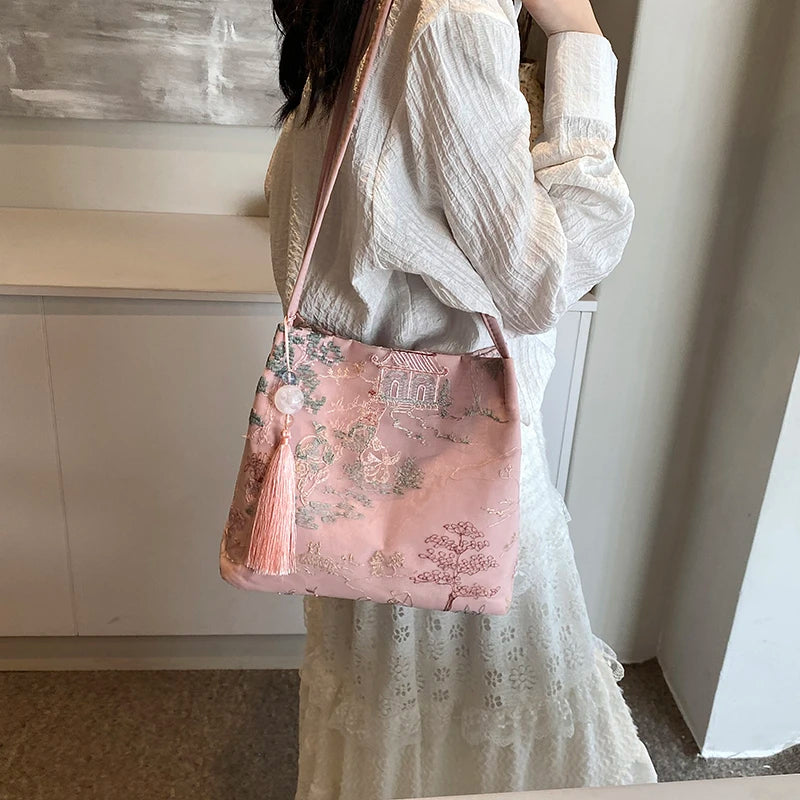 New Chinese Style Retro Bag2024 New Models Silk Jacquard Fashionable Minimalist Bag Single Shoulder Diagonal Cross Women's Bag