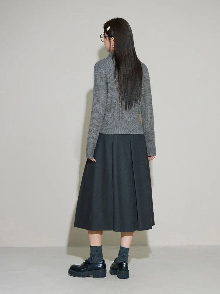 DUSHU 9.4% Wool Polo Neck Front Shoulder Women Dark Grey Winter Short Pullovers Three Mental Button Design Female Sweater