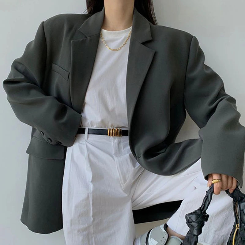 Black Suit Jacket Women Loose Straight Long Sleeved Fall Winter Fashion Outwear Basic Simple Korean Office Lady High Street Coat