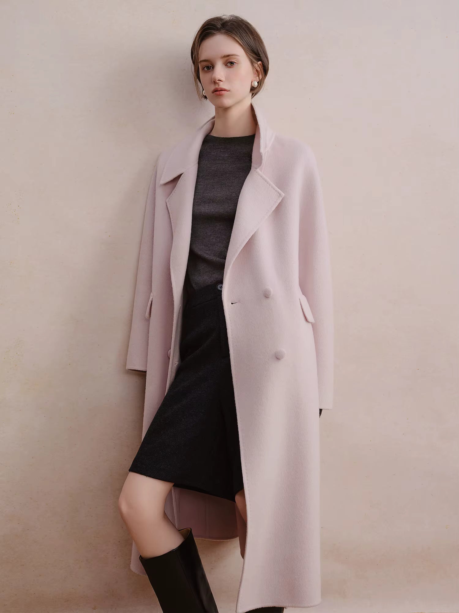 Double-breasted Cashmere Wool Coat Elegant Ladies Women Commuting Simple Temperament Mid-calf Length British Style