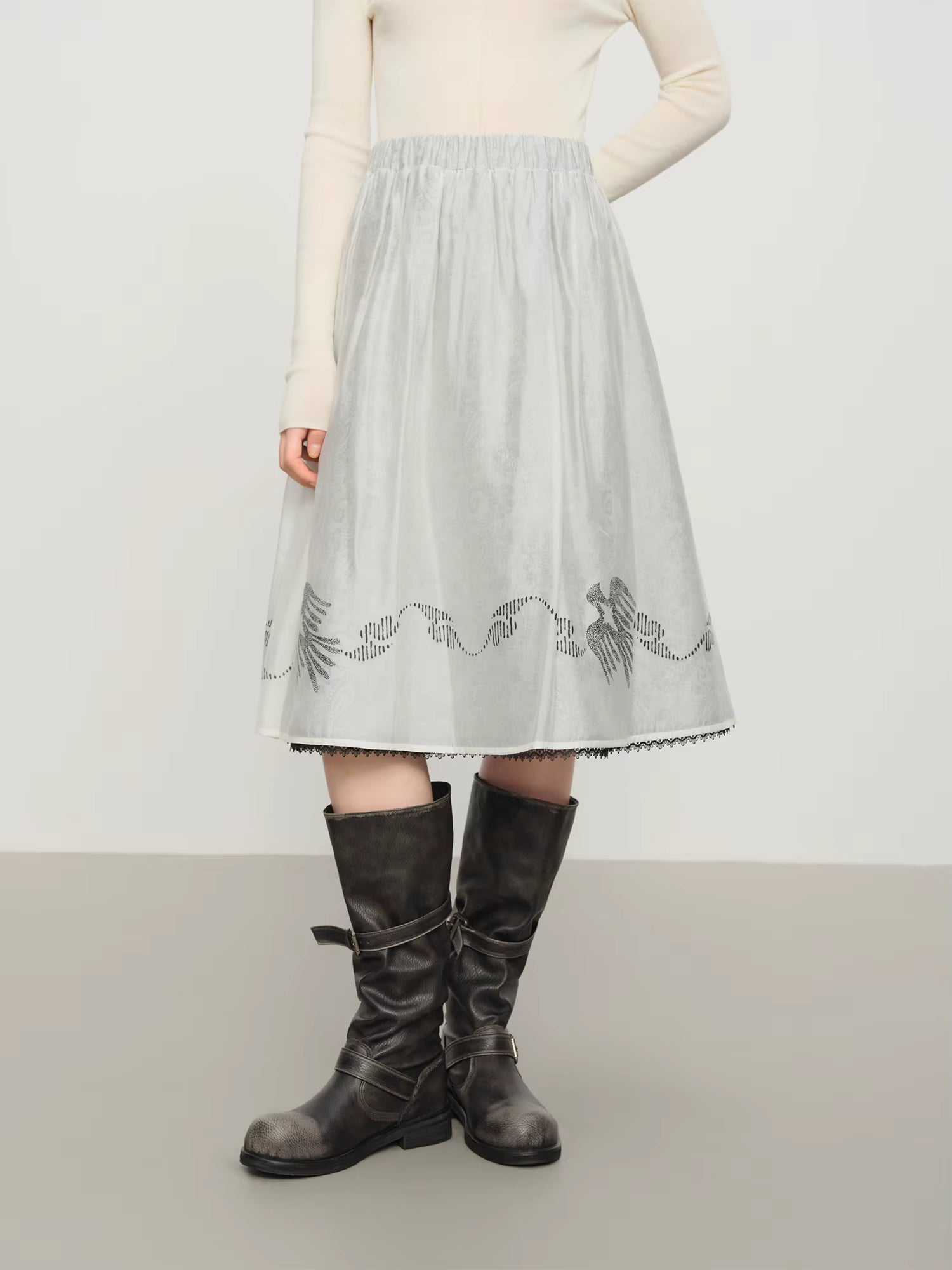 【Premium Series】Commuter Double-layer A-line Skirt Winter New Skirt Retro Print Elastic Waist Solid Ins Elegant Ladies