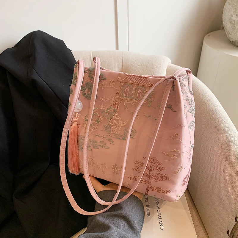 New Chinese Style Retro Bag2024 New Models Silk Jacquard Fashionable Minimalist Bag Single Shoulder Diagonal Cross Women's Bag