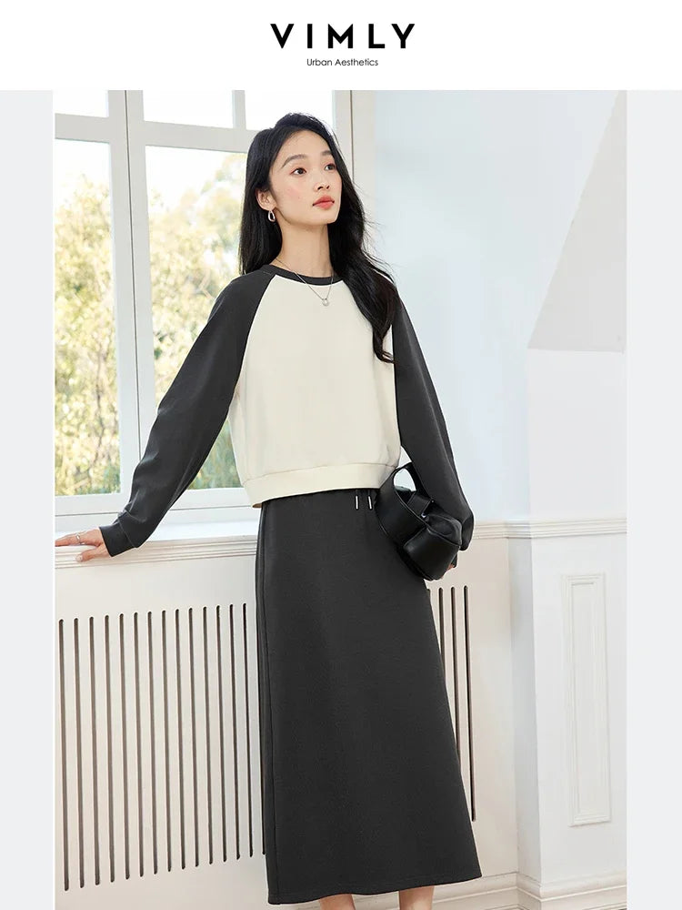 VIMLY Women's Simple Commuter Sweatshirt Top Straight Skirt with Back Split SkirtSuit Autumn Fashion Colors Blocking CasualSuit