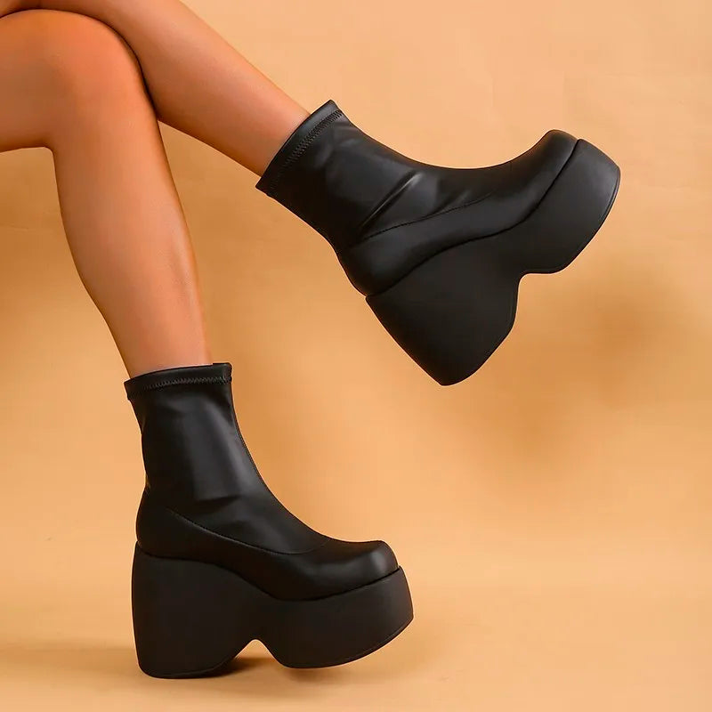 Brand New Design Women's Mid Calf Boots Platform Wedges High Heels Gothic Punk Shoes Autumn Ladies Fashion Plus Size Long Boots