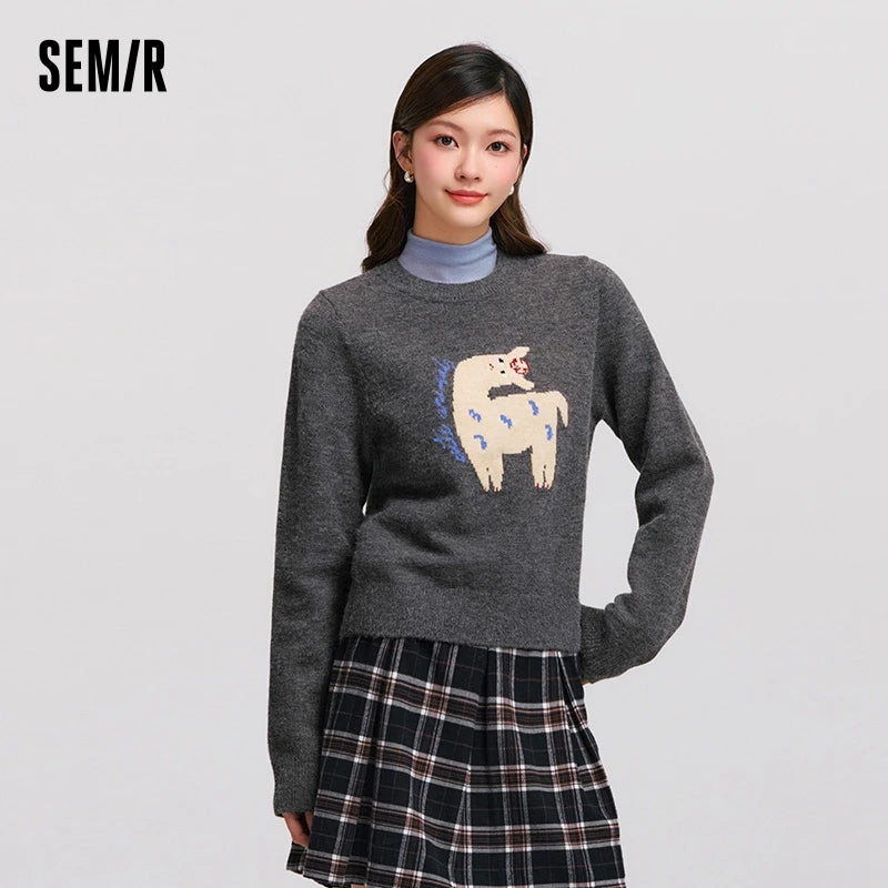 Semir Sweater Women Jacquard Cute Fun Trendy 2024 Winter New Round Neck Shoulder-Fitting Sweater Sweet Cool Pullover Sweater