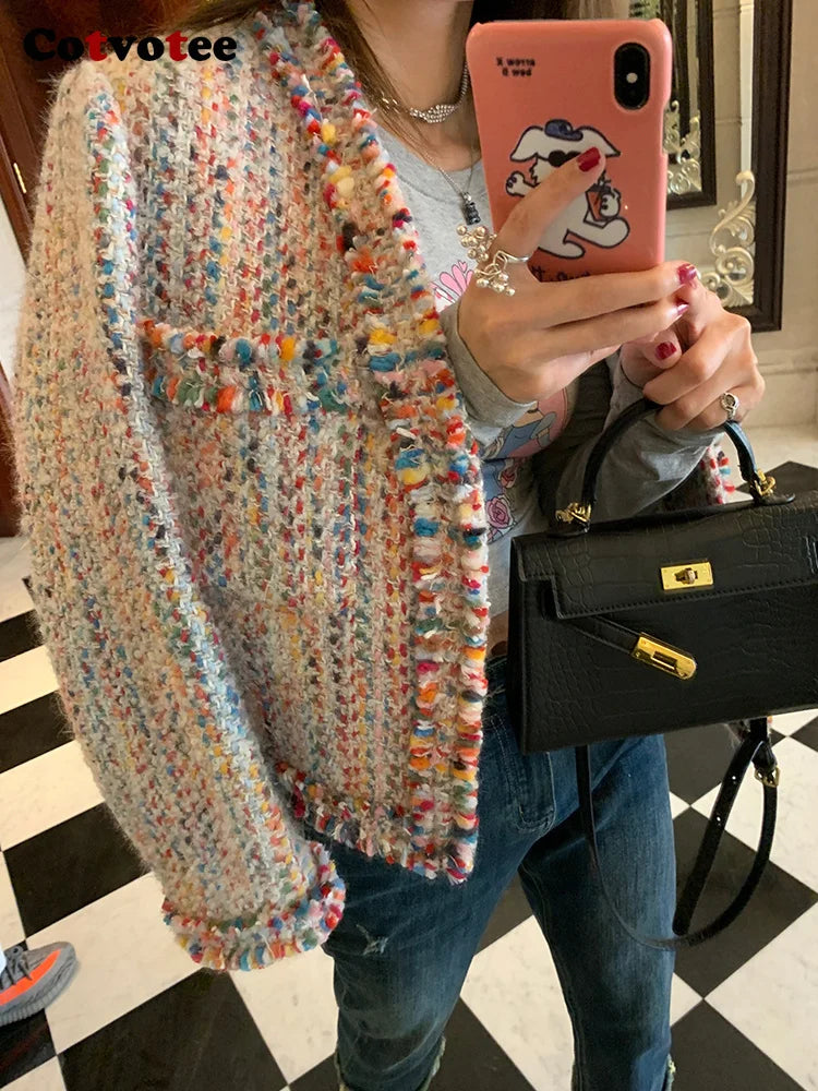 Cotvotee Rainbow Wool Coat Women 2024 Spring Autumn New Fashion Long Sleeve Jackets Vintage V Neck Open Stitch Casual Chic Coats