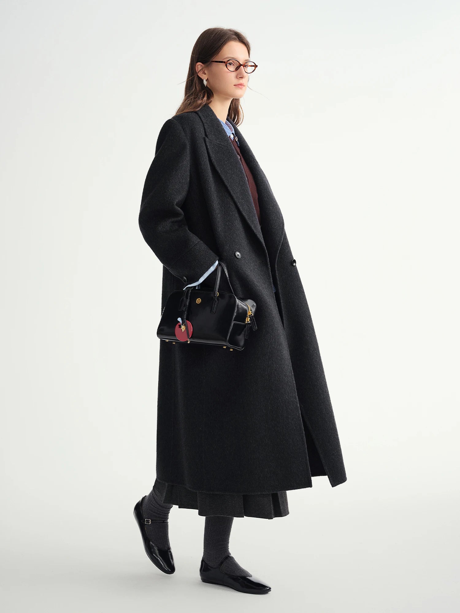 Temperament Turn Down Collar Long Woolen Coat Straight Shoulder Pure Wool Coat European Style Commuting Elegant