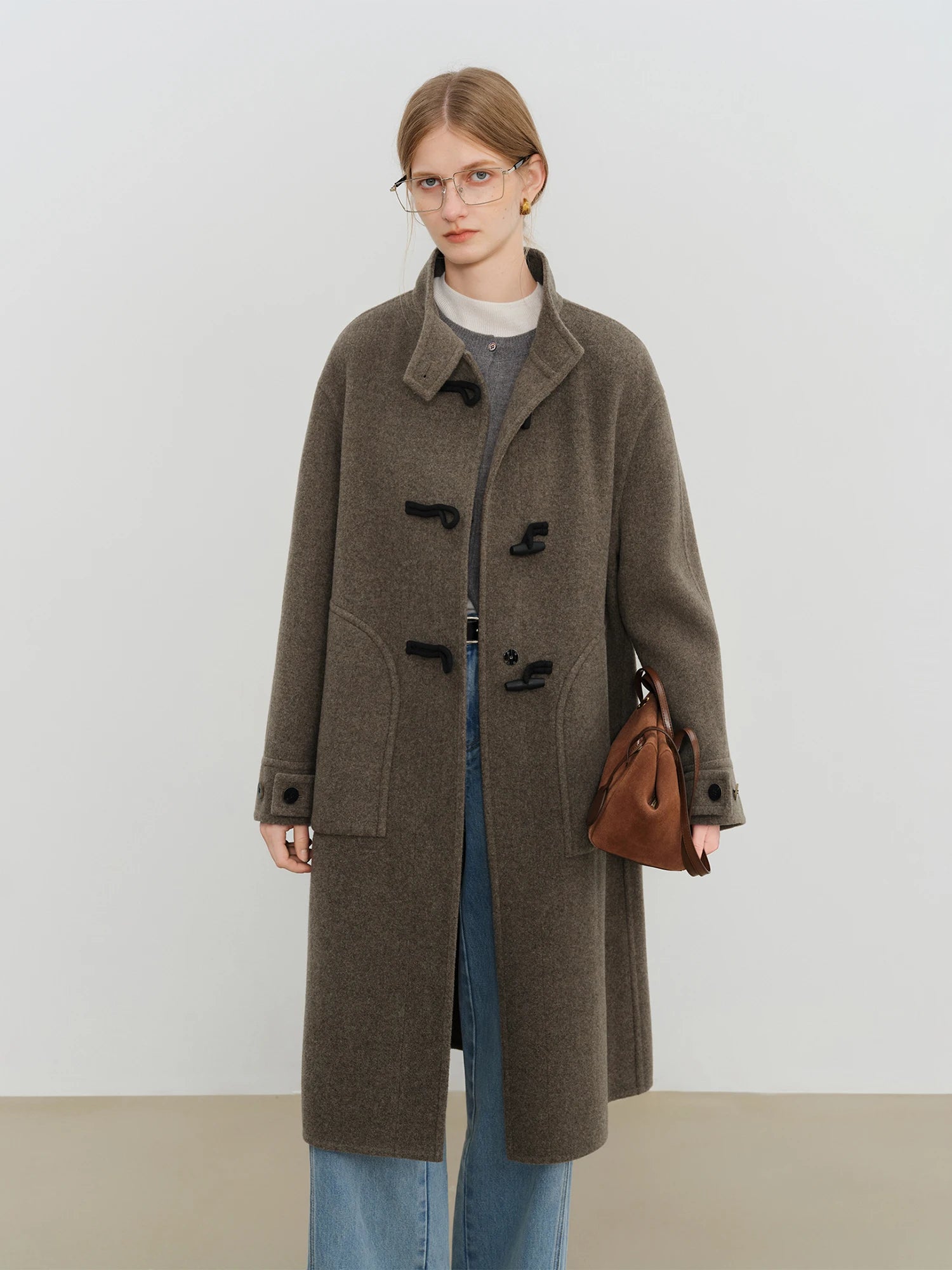 Crafty Studio Wool Coat for Petite Women with Horn Buttons, Standing Collar, and Double-Faced Design 2025 New